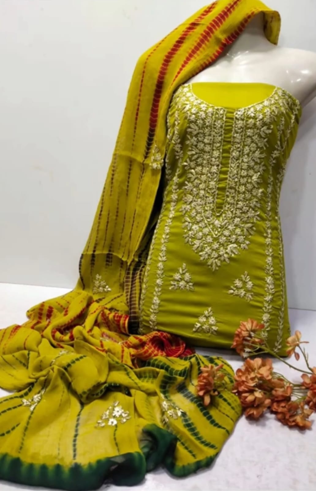 3pc Lawn Gotta Work Jall Dress (Tie & Dye Dupatta) Green