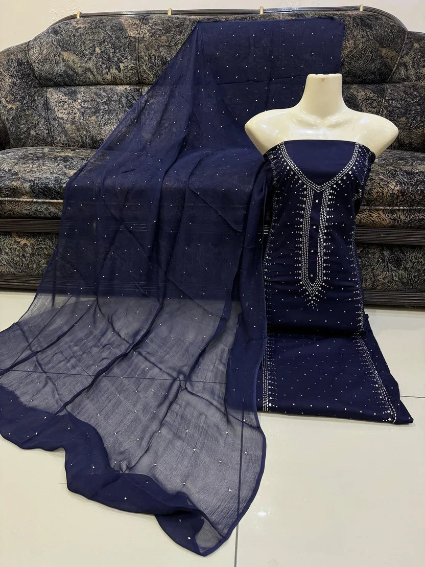 3pc Gul Ahmed Lawn Mukesh Embroided Dress (Navyblue)