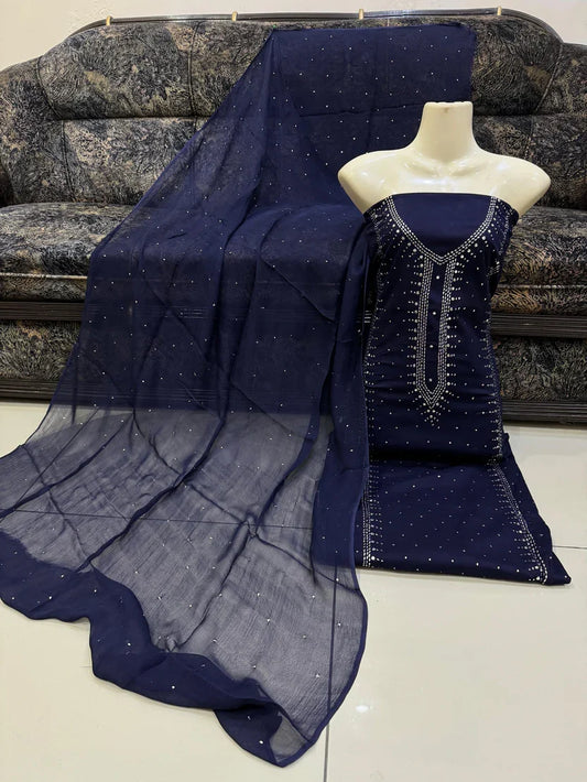 3pc Gul Ahmed Lawn Mukesh Embroided Dress (Navyblue)
