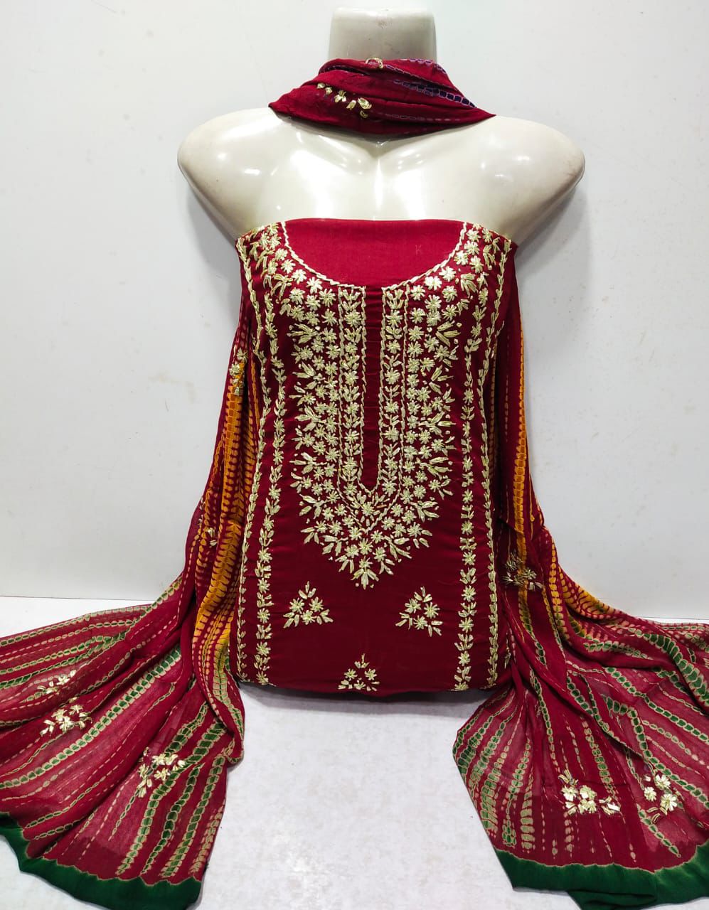 3pc Lawn Gotta Work Jall Dress (Tie & Dye Dupatta) Meroon