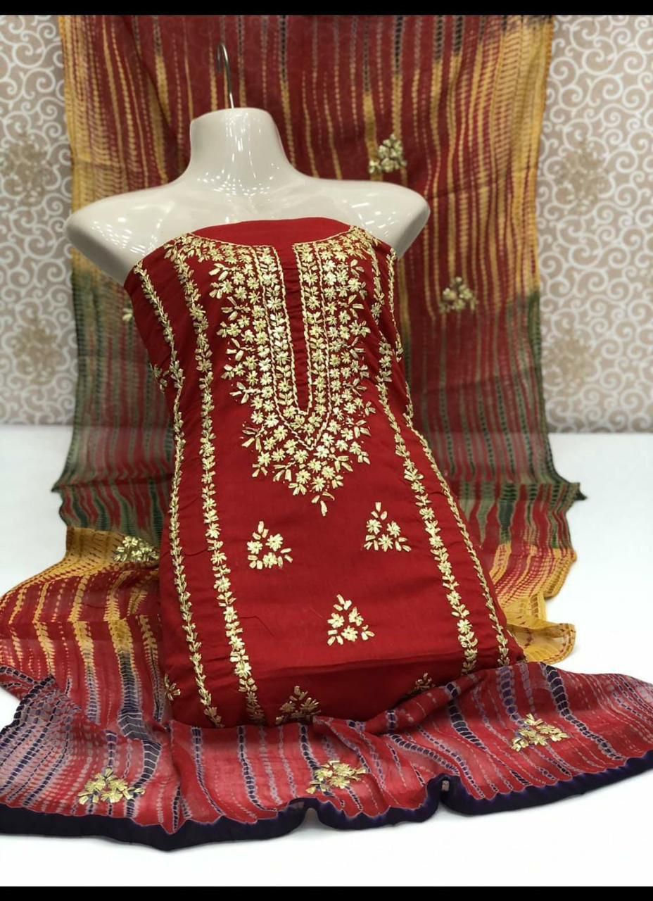 3pc Lawn Gotta Work Jall Dress (Tie & Dye Dupatta) Meroon