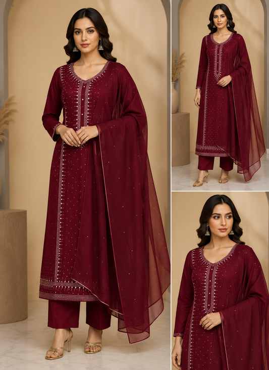 3pc Gul Ahmed Lawn Mukesh Embroided Dress (Meroon)