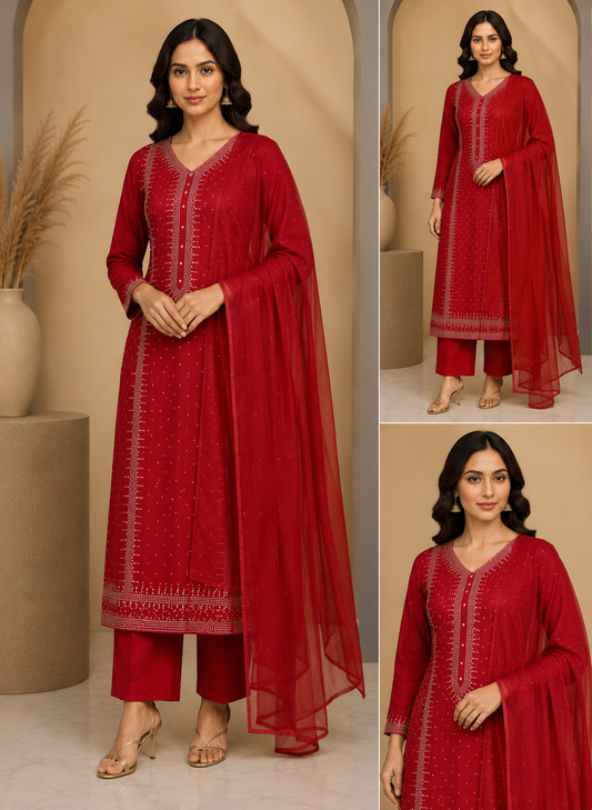 3pc Gul Ahmed Lawn Mukesh Embroided Dress (Red)