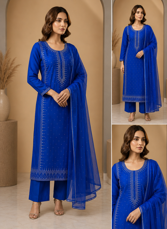 3pc Gul Ahmed Lawn Mukesh Embroided Dress (Blue)