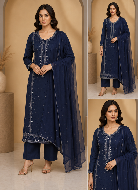 3pc Gul Ahmed Lawn Mukesh Embroided Dress (Navyblue)