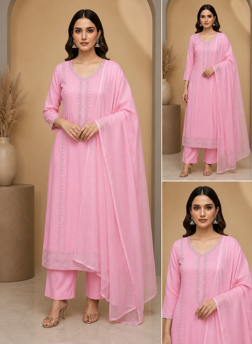 3pc Gul Ahmed Lawn Mukesh Embroided Dress (Pink)