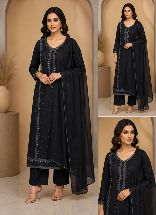 3pc Gul Ahmed Lawn Mukesh Embroided Dress (Black)