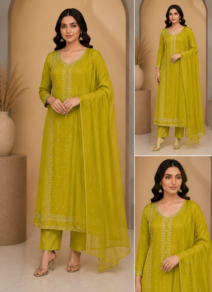 3pc Gul Ahmed Lawn Mukesh Embroided Dress (Dhani)