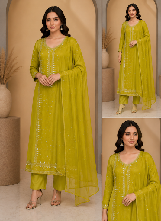3pc Gul Ahmed Lawn Mukesh Embroided Dress (Dhani)