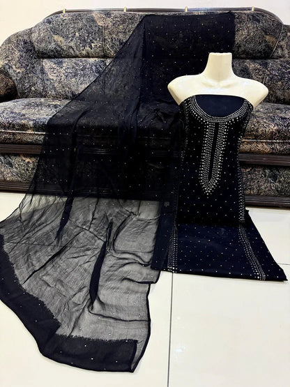 3pc Gul Ahmed Lawn Mukesh Embroided Dress (Black)
