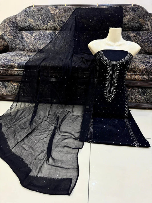 3pc Gul Ahmed Lawn Mukesh Embroided Dress (Black)