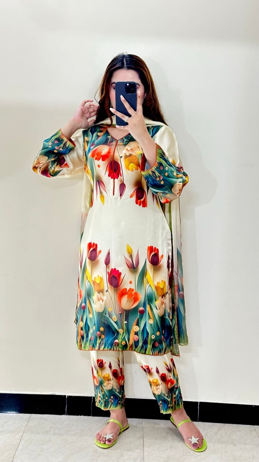 3pc Soft Shamoze Silk Unstitched Dress - 3D Flowers