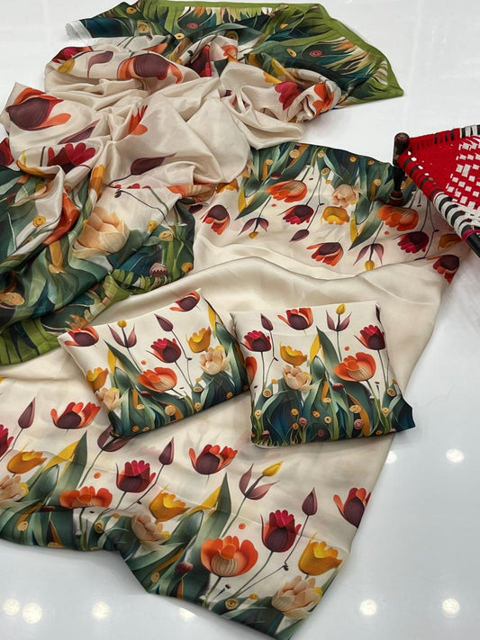 3pc Soft Shamoze Silk Unstitched Dress - 3D Flowers
