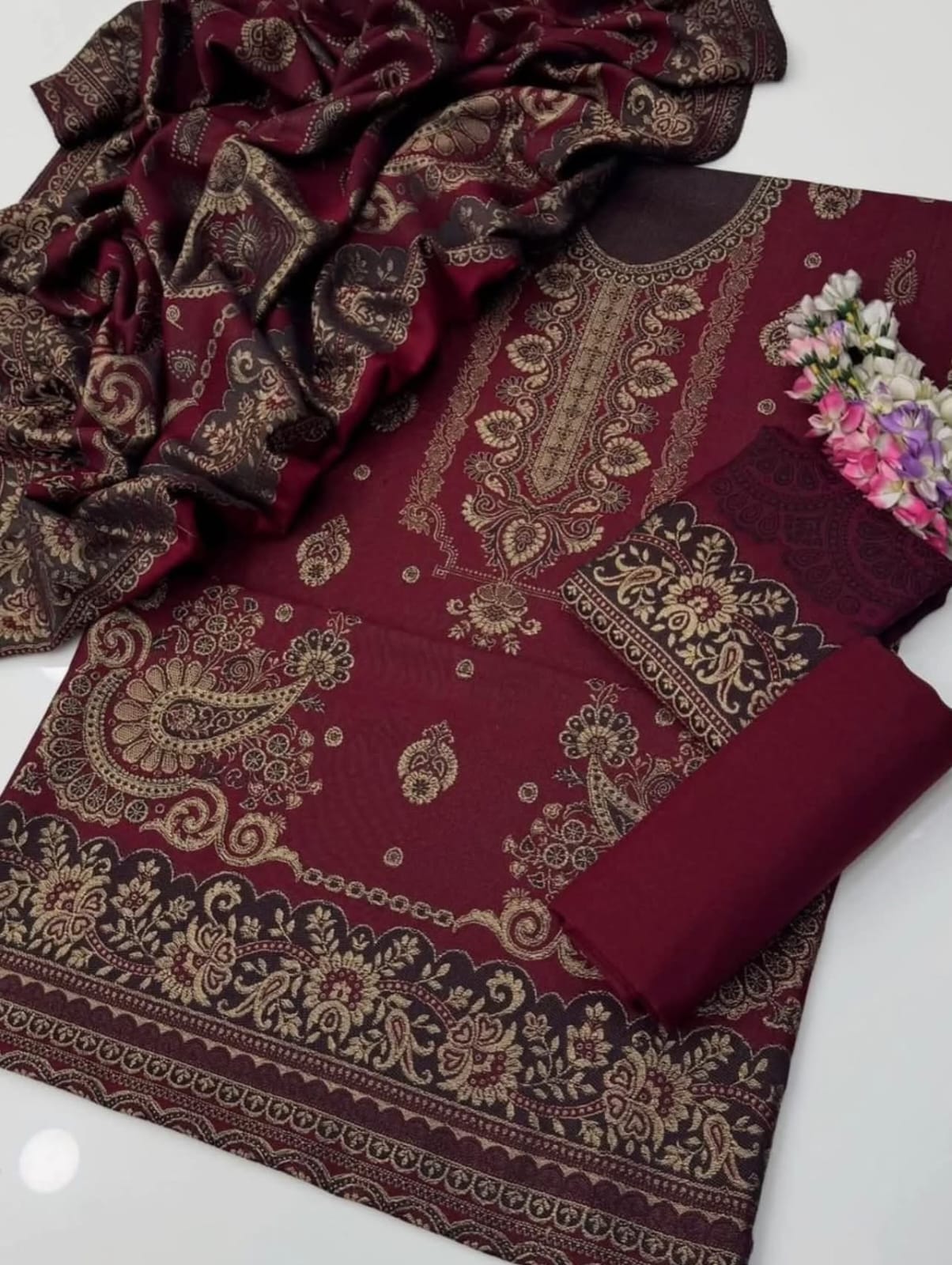 3PC Pashmina Wool Jacquard Dress