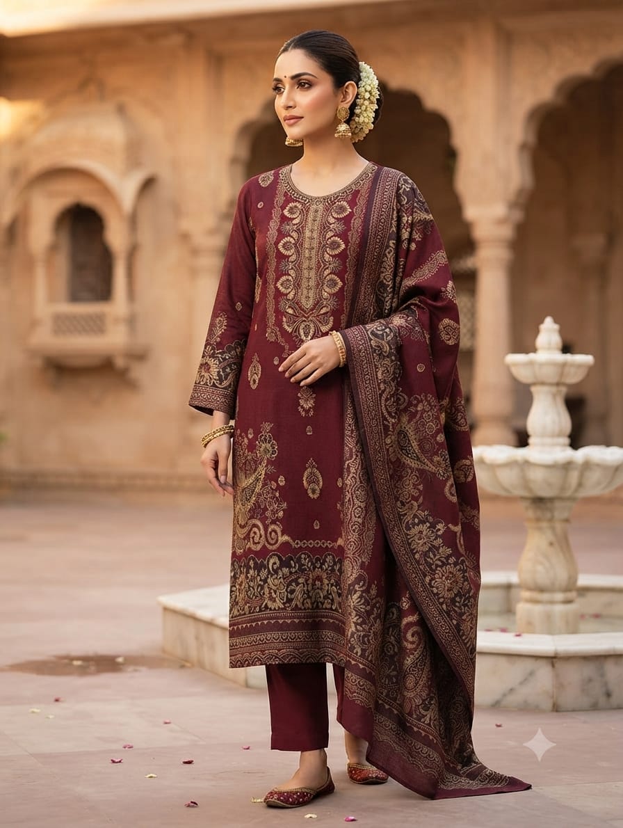 3PC Pashmina Wool Jacquard Dress