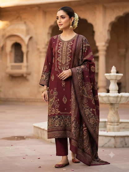 3PC Pashmina Wool Jacquard Dress