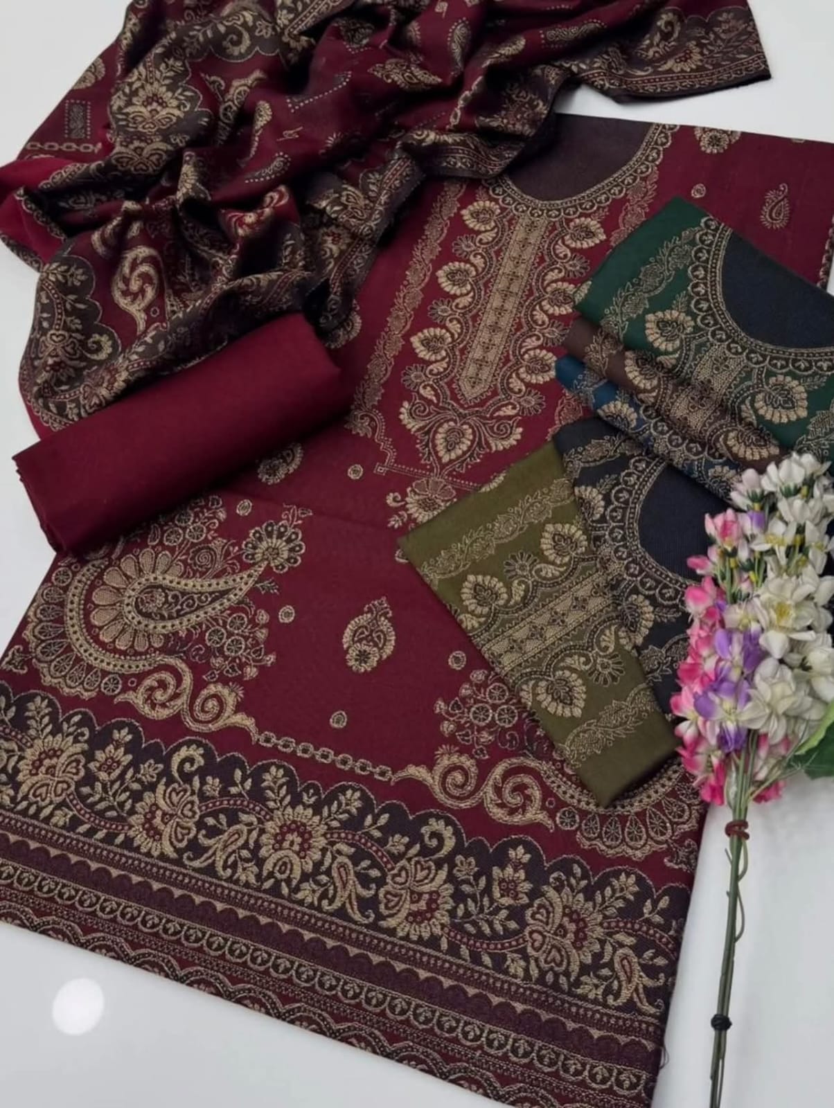 3PC Pashmina Wool Jacquard Dress