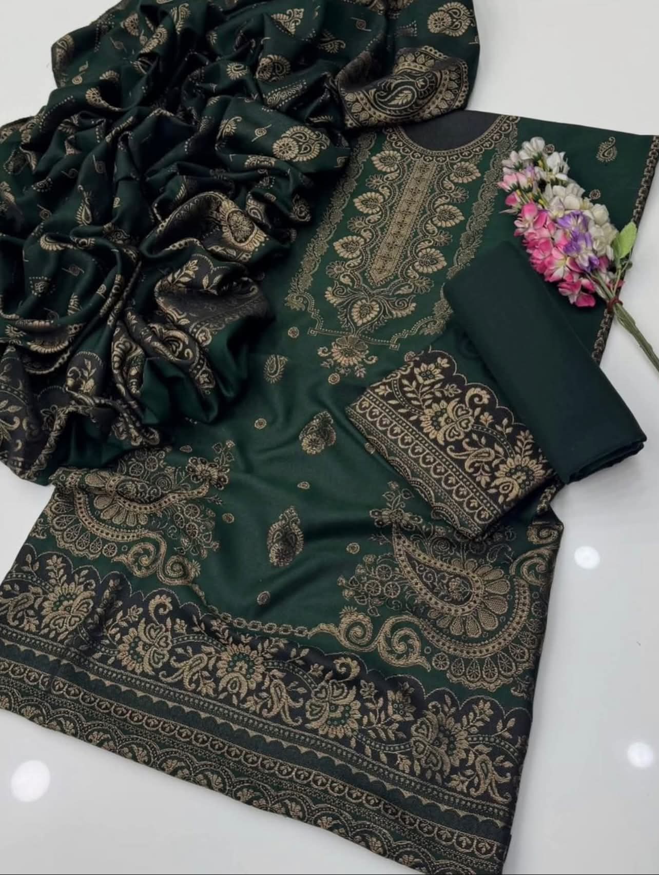 3PC Pashmina Wool Jacquard Dress