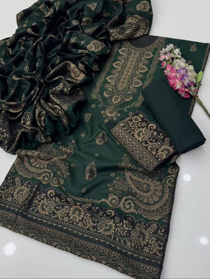 3PC Pashmina Wool Jacquard Dress