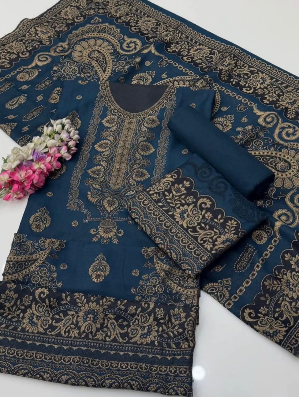 3PC Pashmina Wool Jacquard Dress