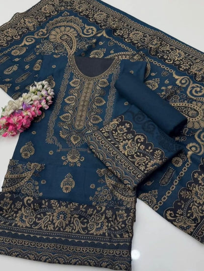 3PC Pashmina Wool Jacquard Dress