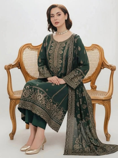 3PC Pashmina Wool Jacquard Dress