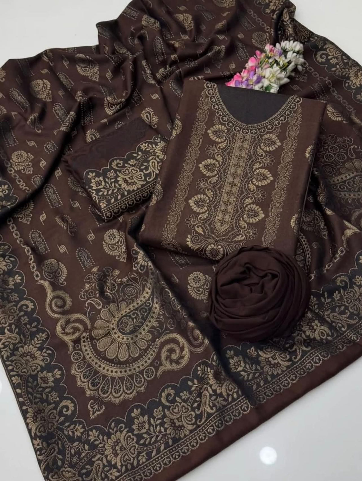 3PC Pashmina Wool Jacquard Dress