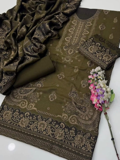 3PC Pashmina Wool Jacquard Dress