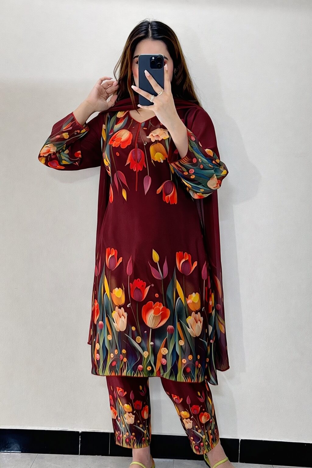3pc Soft Shamoze Silk Unstitched Dress - 3D Flowers
