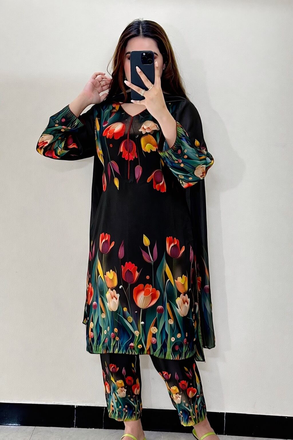 3pc Soft Shamoze Silk Unstitched Dress - 3D Flowers