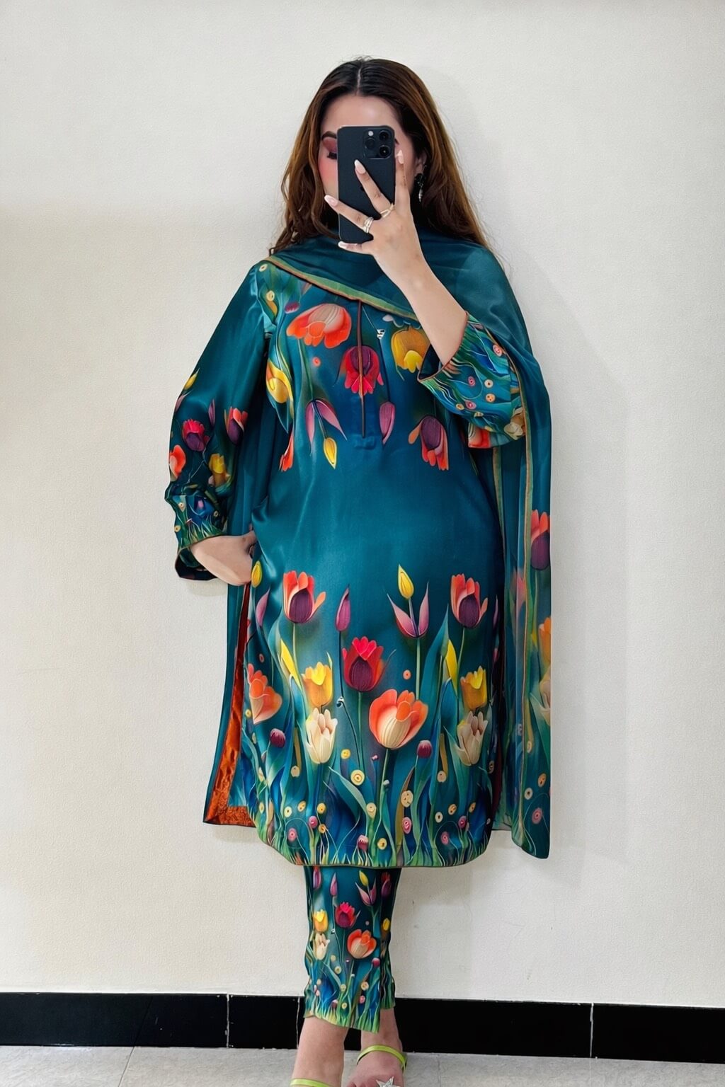 3pc Soft Shamoze Silk Unstitched Dress - 3D Flowers