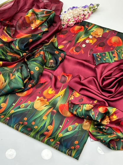 3pc Soft Shamoze Silk Unstitched Dress - 3D Flowers