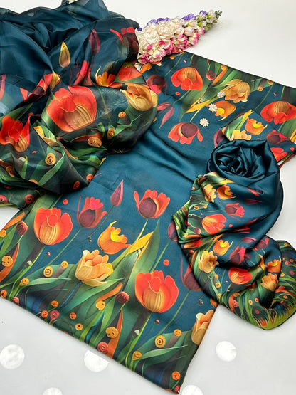 3pc Soft Shamoze Silk Unstitched Dress - 3D Flowers