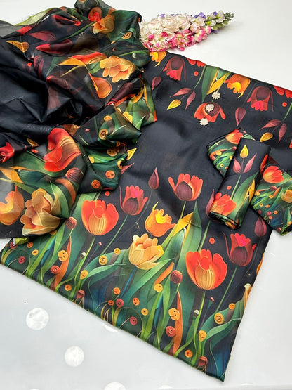 3pc Soft Shamoze Silk Unstitched Dress - 3D Flowers