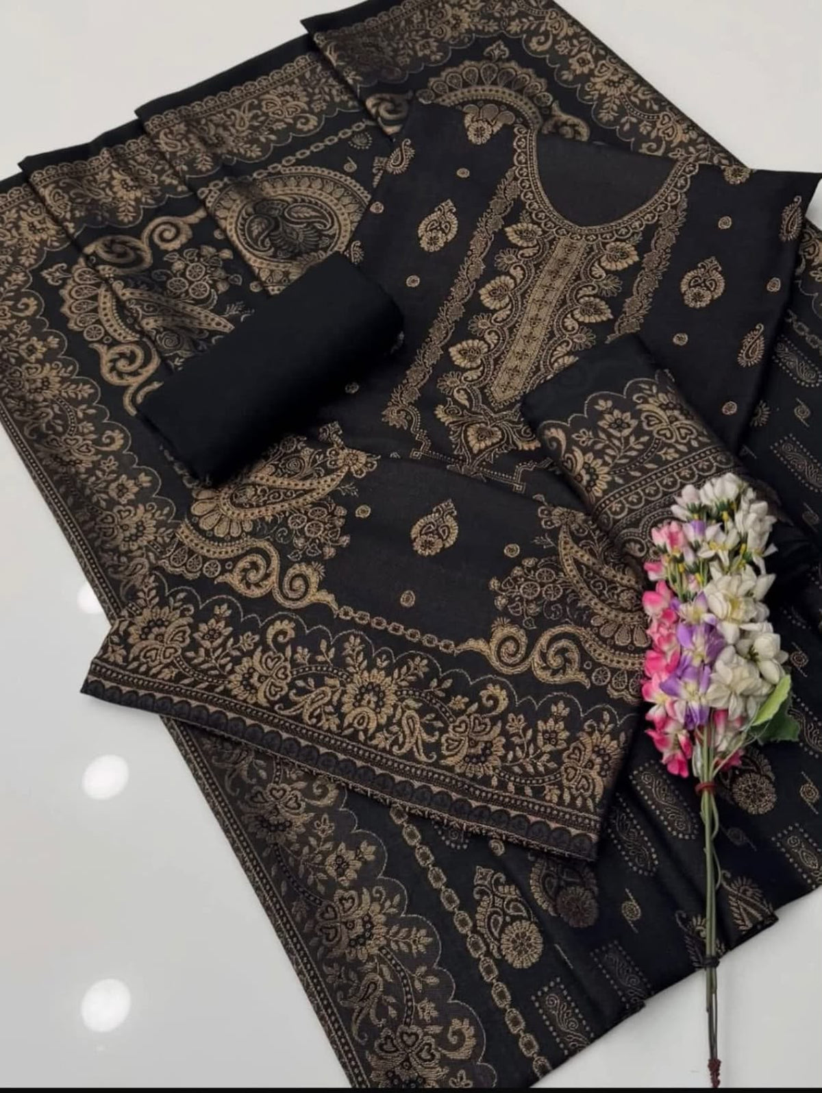 3PC Pashmina Wool Jacquard Dress