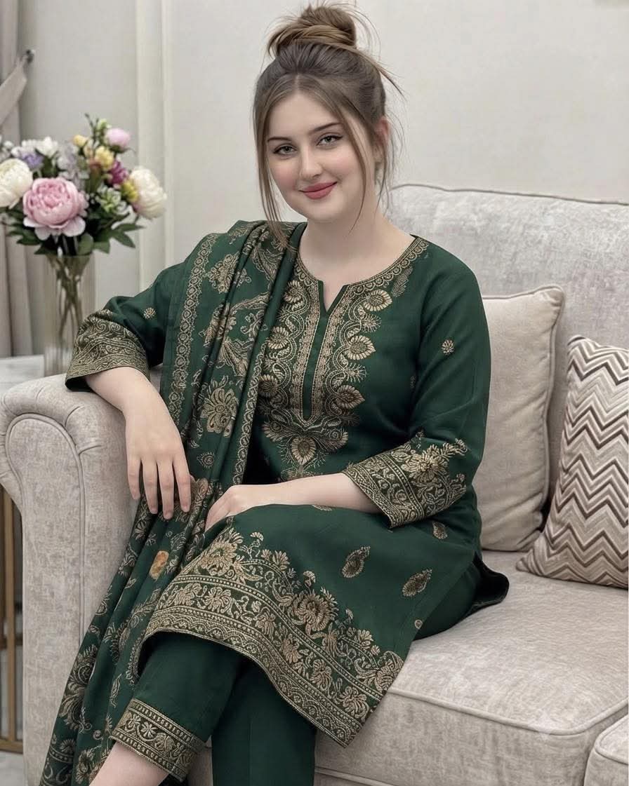 3PC Pashmina Wool Jacquard Dress