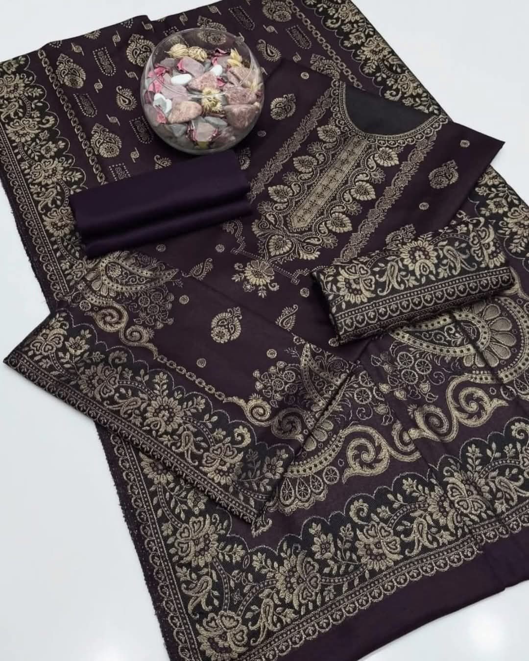 3PC Pashmina Wool Jacquard Dress