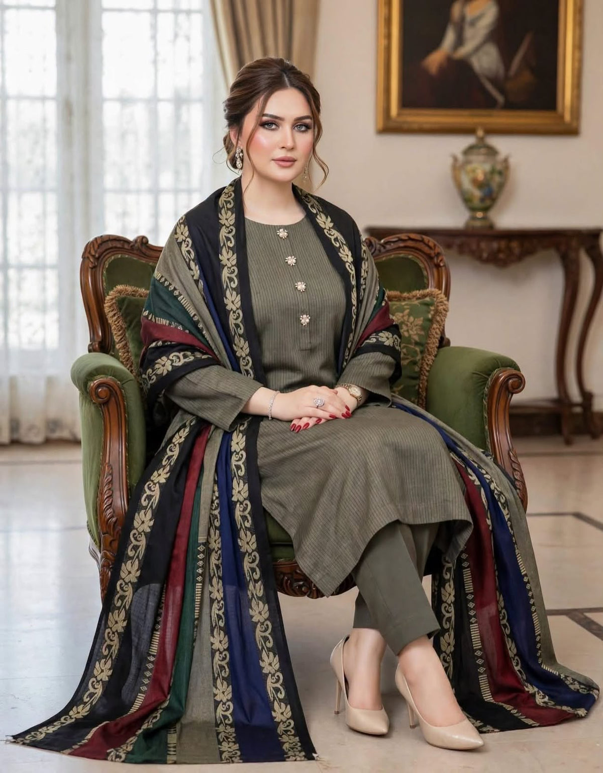 3pc Khaddi Marina Jaquard Shawl Dress
